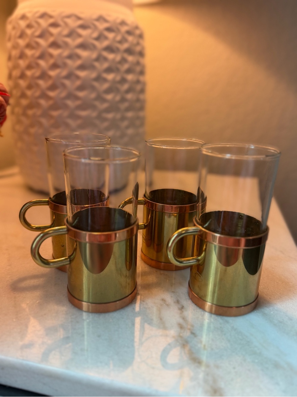Vintage Beucler Brass and Glass Espresso Cups with Handles - Set of 4